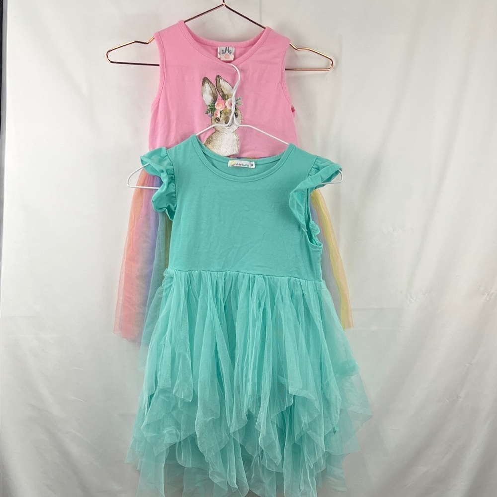 Girl’s Tutu Dress - 2 Pack - Pink Rainbow Bunny - Mint Green - Size 8